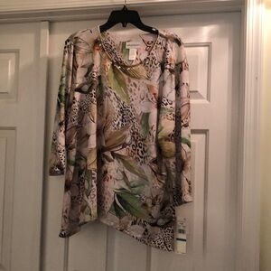 Alfred Dunner Floral and Animal Print Top - Green, Brown, Cream